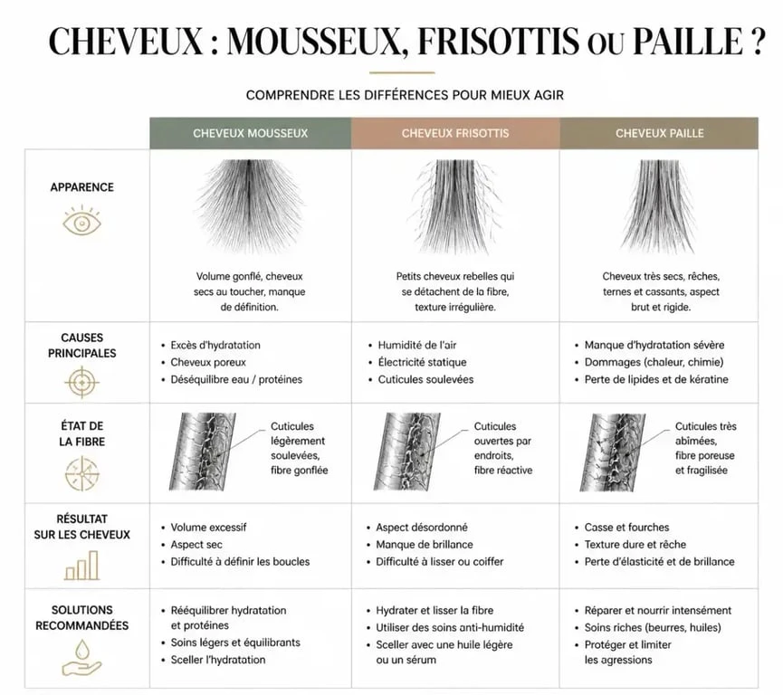 Comparatif visuel entre cheveux mousseux, frisottis et cheveux paille