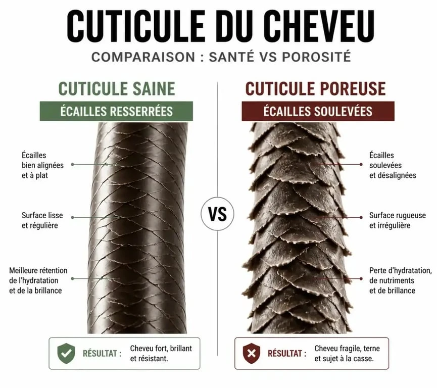 Schéma illustrant la porosité des cheveux mousseux et la structure de la cuticule