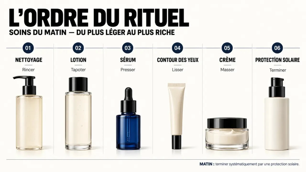 Ordre d’application des soins de la peau de luxe du nettoyage à la protection solaire