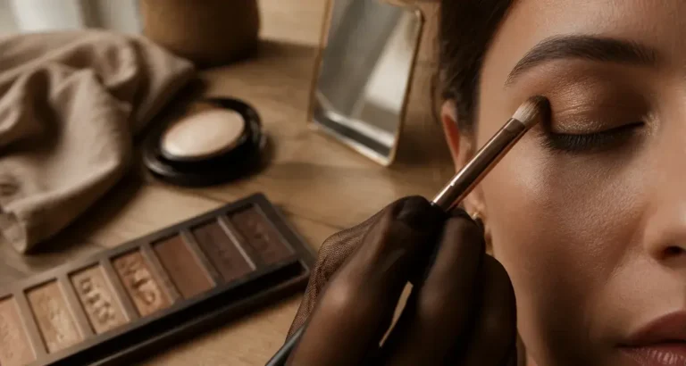 Maquillage marron : palette beige doré, taupe et caramel pour réchauffer le regard