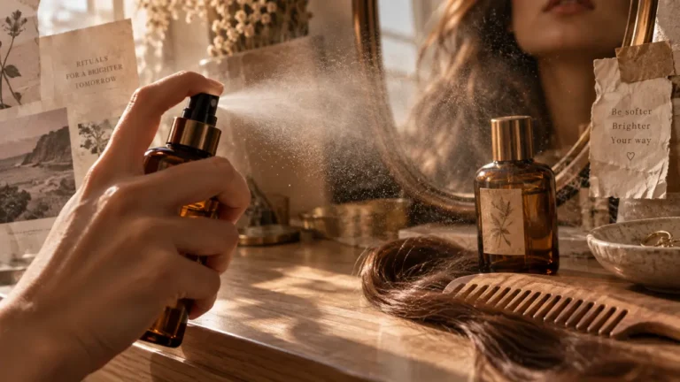 Parfum cheveux : brume capillaire en flacon ambré