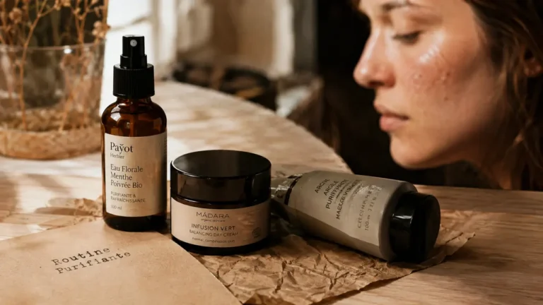 Produits estime et sens avis : routine bio anti-imperfections sur coiffeuse