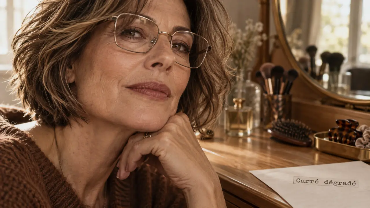 Carré dégradé, modèle coiffure femme 50 ans avec lunettes