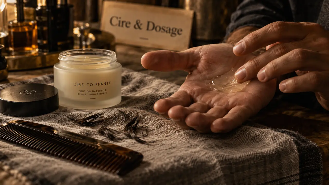 Cire dans les cheveux : noisette de cire coiffante et flacon en verre dépoli