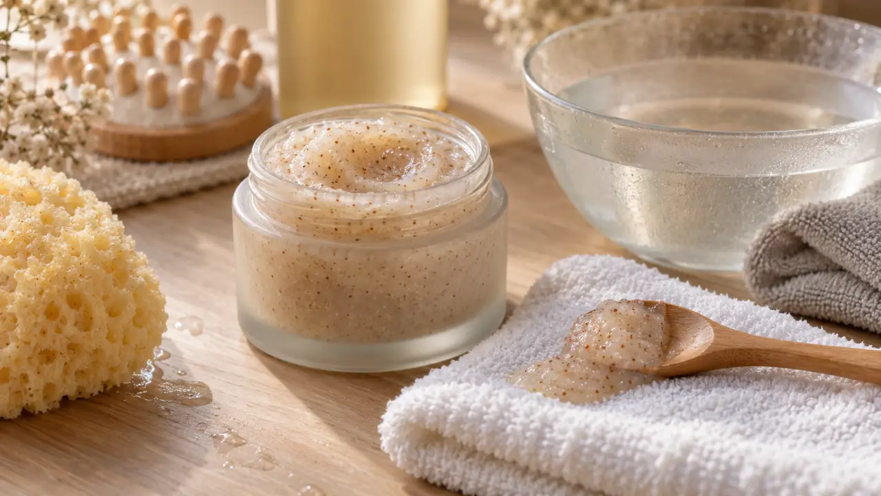 Crème exfoliante visage : pot de crème exfoliante et gel sur coton