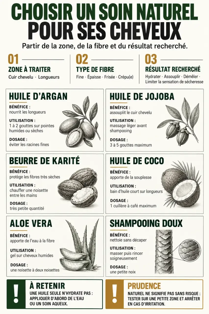 Infographie pour choisir un produit naturel pour cheveux selon le besoin, la fibre et la zone à traiter