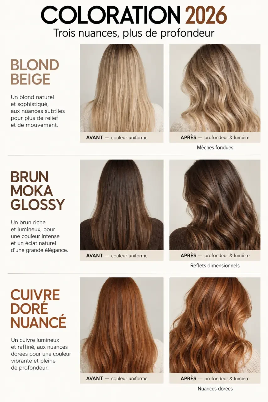 Rendus avant-après des couleurs cheveux tendance 2026 avec balayage fondu, brillance glossy et relief