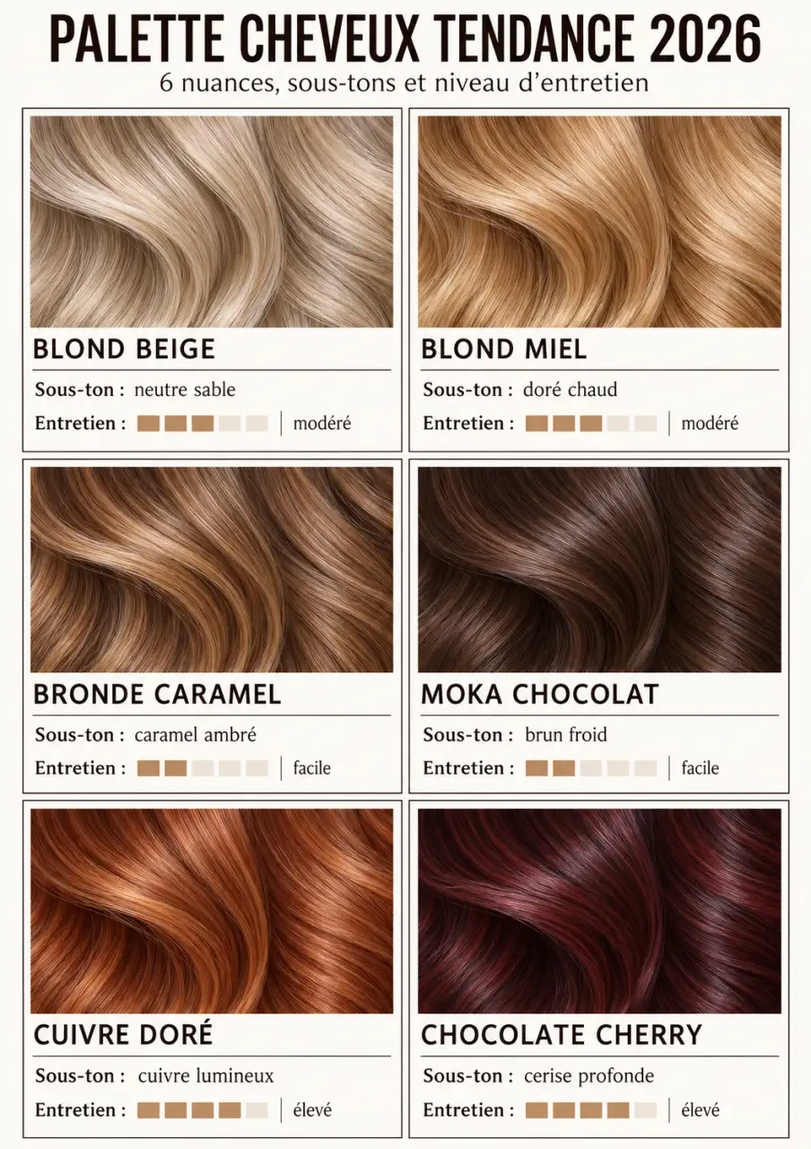 Infographie des couleurs cheveux tendance 2026 : blonds, bruns, cuivrés et chocolate cherry