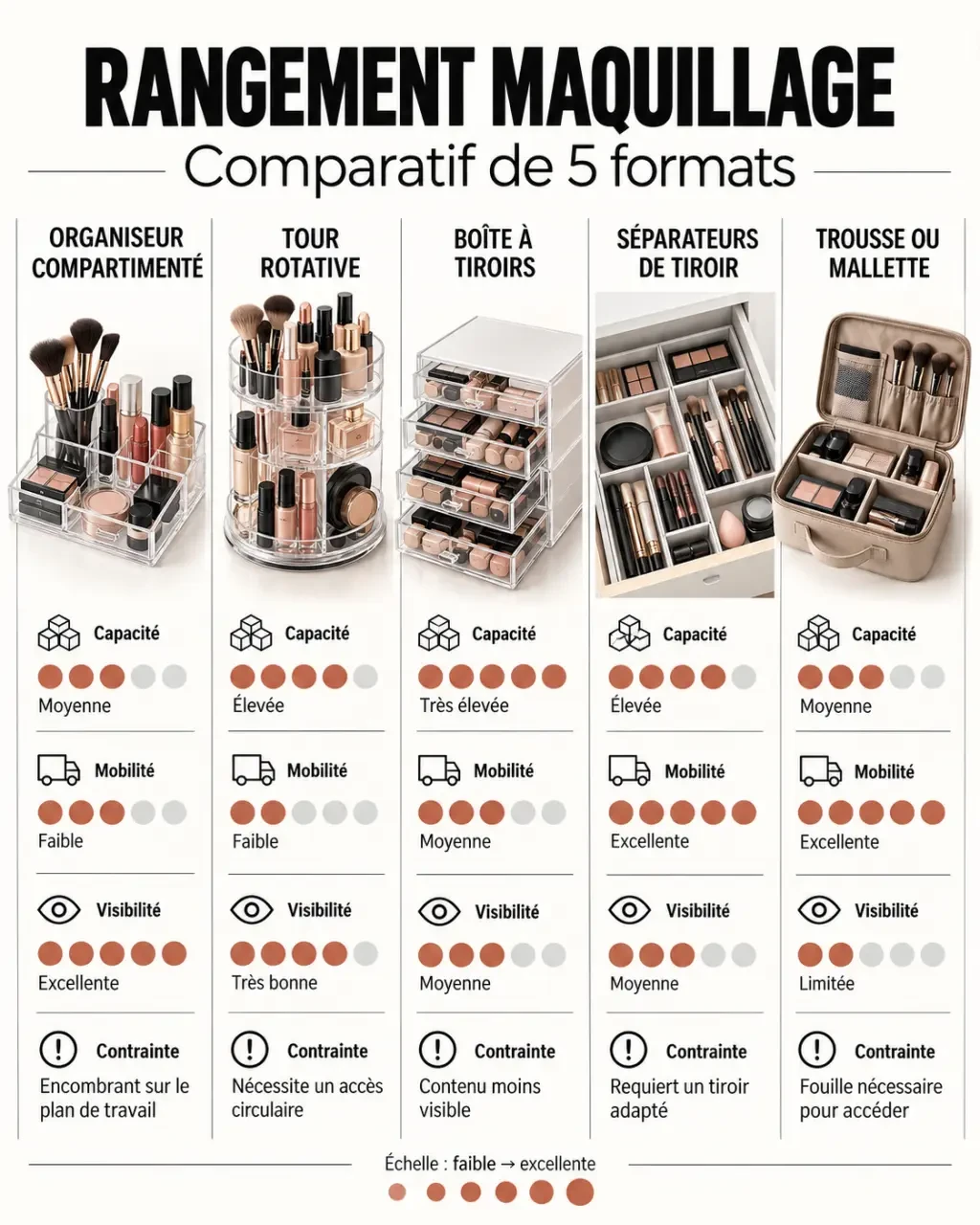 Infographie comparative des formats de rangement maquillage selon la capacité, la mobilité et la visibilité