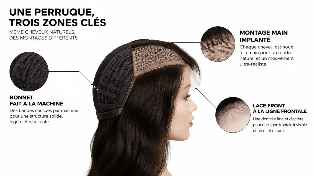 Schéma des types de bases et de montages d'une perruque en cheveux naturel : machine, main implanté et lace front