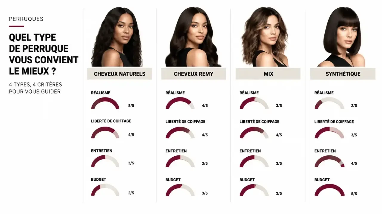Comparatif visuel entre perruque en cheveux naturel, cheveux Remy, mix et synthétique selon réalisme, coiffage, entretien et budget