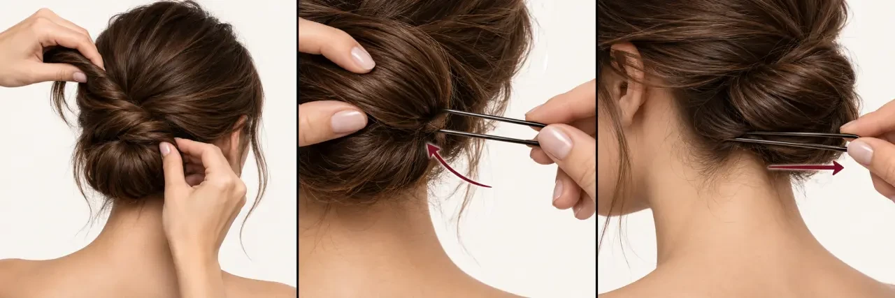 Étapes pour poser une épingle à cheveux dans un chignon
