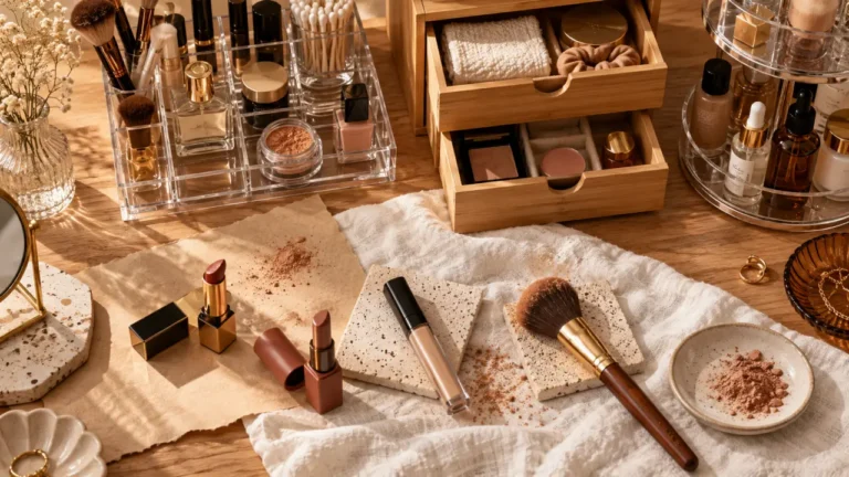 Rangement maquillage : coiffeuse dégagée avec organiseur transparent