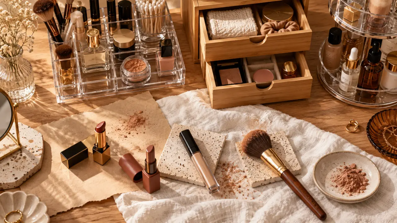 Rangement maquillage : coiffeuse dégagée avec organiseur transparent