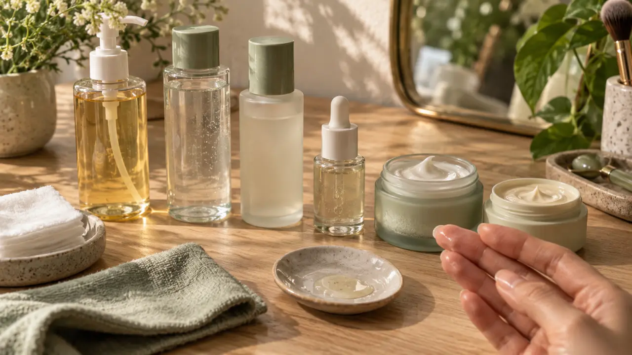 Routine beauté coréenne layering : huile, lotion, sérum, crème et SPF sur table